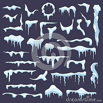 Winter snow icicle. Frosted icy blue borders, frozen snowcap, white icicles ice sign, frosted snow caps isolated vector Vector Illustration