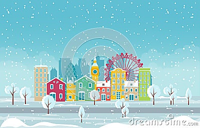 Winter Snow in London City Cityscape Skyline Landmark Building Illustration Vector Illustration