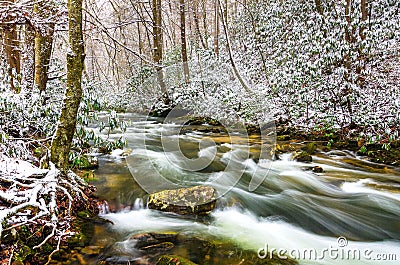 Winter snow on Martins Fork River Stock Photo