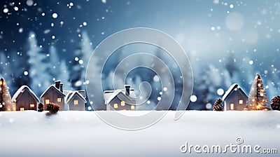 Winter snow photo with houses and trees, cold snowy weather, christmas theme Stock Photo