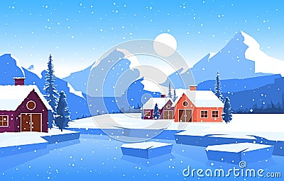 Winter Snow Pine Mountain House Lake Nature Landscape Illustration Vector Illustration