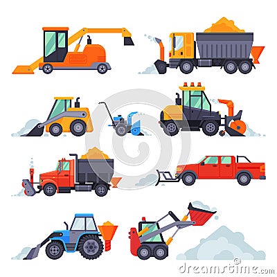 Winter Snow Removal Machines Collection, Cleaning Road Truck, Excavator, Snowblower, Snow Plow Vehicles Vector Vector Illustration