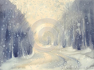 Winter snow road watercolor background. Forest landscape Stock Photo