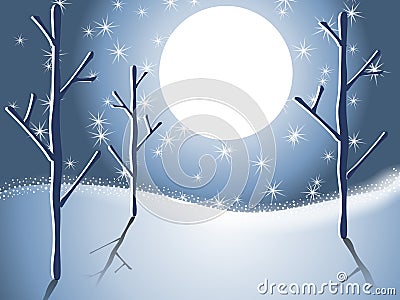 Winter Snow Trees Night Scene 2 Cartoon Illustration