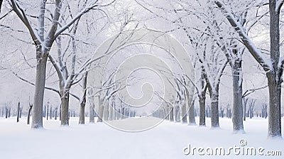 Winter Snow Trees, Park Road Perspective, White Alley Tree Rows convergence Stock Photo