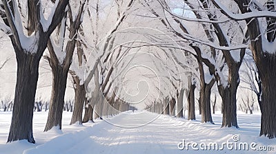 Winter Snow Trees, Park Road Perspective, White Alley Tree Rows convergence Stock Photo