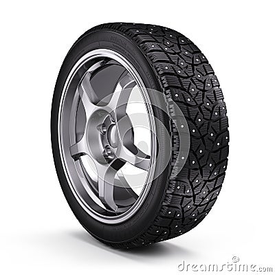 Winter snow tyre with metal spikes on white background Stock Photo