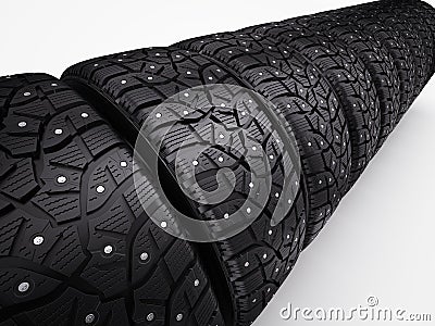 Winter snow tyres with metal spikes Stock Photo