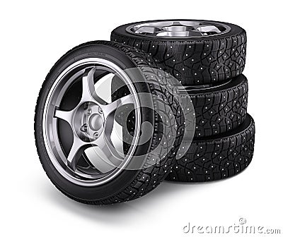 Winter snow tyres with metal spikes on white background Stock Photo