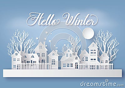 Winter Snow Urban Countryside Landscape City Village with ful lmoon Vector Illustration