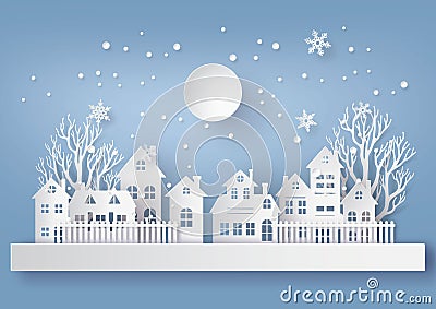 Winter Snow Urban Countryside Landscape City Village with ful lmoon Vector Illustration