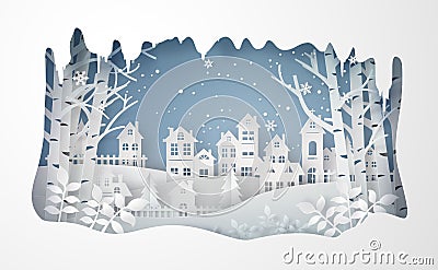 Winter Snow Urban Countryside Landscape City Village with ful lmoon Vector Illustration