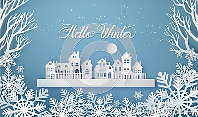 Winter Snow Urban Countryside Landscape City Village with ful lmoon Vector Illustration