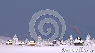 Winter snowbound township at dusk Cartoon Illustration