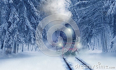 Winter forest and old train Stock Photo