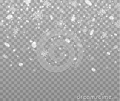 Winter snowfall. Realistic falling snowflakes. Vector heavy snowfall, snowflakes of different shapes Vector Illustration