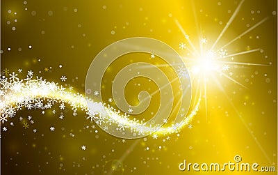 Winter snowflake falling with glittering and lighting over gold Cartoon Illustration