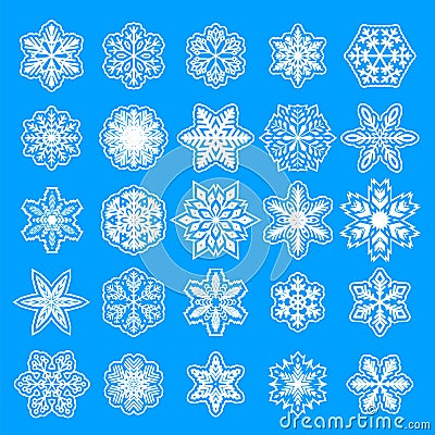 Winter white snowflakes card vector on blue background. Macro flying border illustration, holiday banner with flakes Vector Illustration