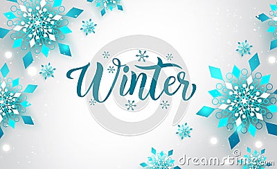 Winter snowflakes vector background design. Winter typography text with elegant snow flakes decoration elements in white space. Vector Illustration