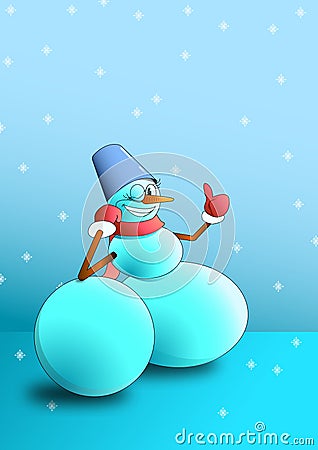 Cheerful snowman is leaning on a lump of snow Vector Illustration