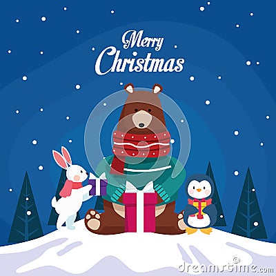 Winter snowscape christmas scene with bear grizzly Vector Illustration