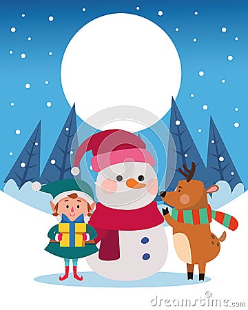 Winter snowscape christmas scene with snowman Vector Illustration