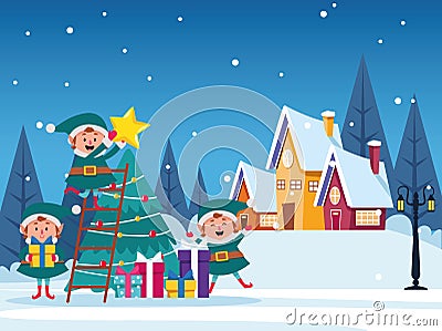Winter snowscape christmas scene with tree and elfs Vector Illustration