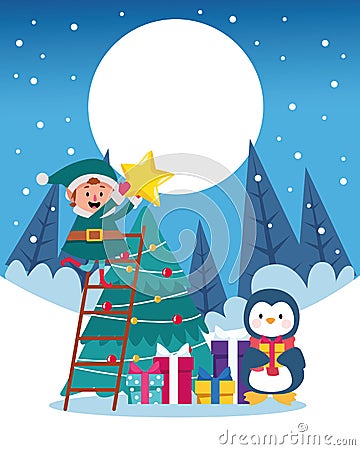 Winter snowscape christmas scene with tree and penguin Vector Illustration