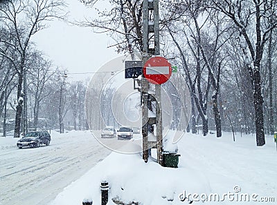 Winter snowstorm traffic Editorial Stock Photo