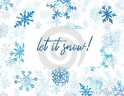 Winter snowy background with bright blue snowflakes, on white backdrop. For Christmas invitation, cards design. New Year Cartoon Illustration