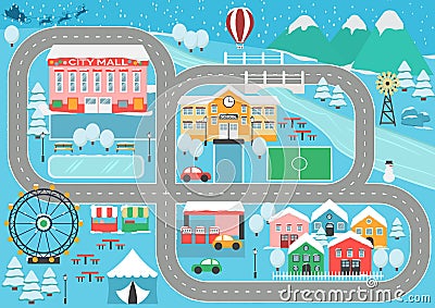 Winter snowy city car track play placemat Vector Illustration