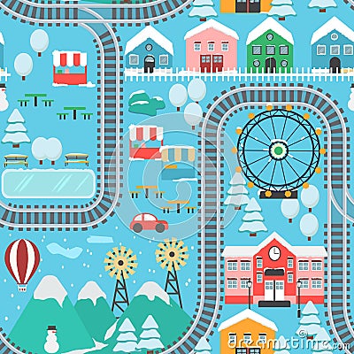 Winter snowy city train track seamless pattern Vector Illustration