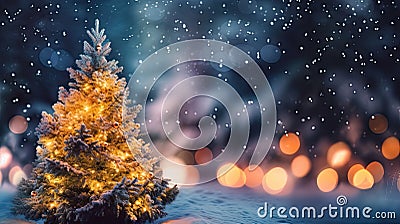 Winter snowy forest with Christmas tree decorated with lights Stock Photo