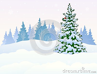 Winter snowy forest with Christmas tree Vector Illustration