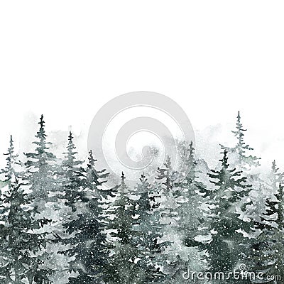 Winter pine tree forest. Watercolor spruce trees landscape illustration. Snowy foggy woods. Christmas background Cartoon Illustration