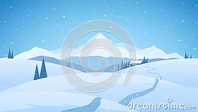 Winter snowy mountains flat landscape with path to cartoon house. Christmas background Vector Illustration