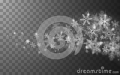 Winter snowy transparent abstract background with flying snowflakes. Vector Illustration