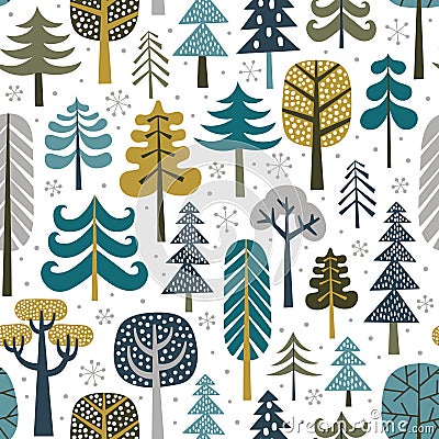 Winter snowy woods seamless pattern. Vector Illustration