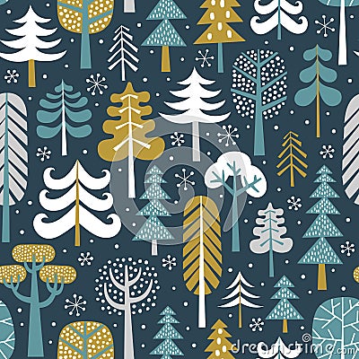 Winter snowy woods seamless vector pattern. Vector Illustration