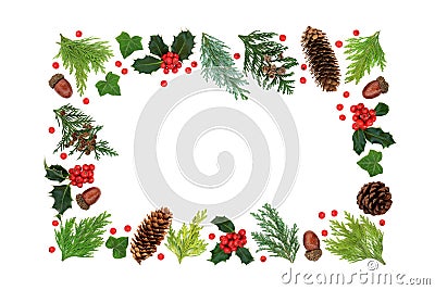 Winter Solstice and Christmas Holly and Greenery Border Stock Photo