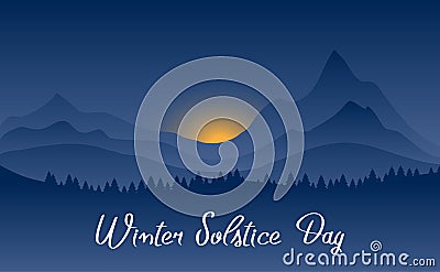 Winter solstice day in December the 21. Greeting card design template. The dark sky with sunset or sunrise. The longest night in Vector Illustration