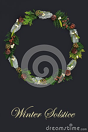 Natural Winter Solstice Wreath with Text Stock Photo