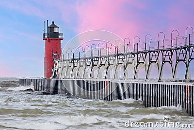Winter, South Haven Lighthouse, Pier, and Catwalk Stock Photo