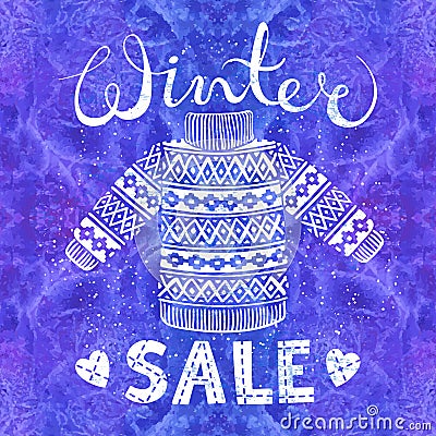 Winter Special banner, label with knitted woolen pullover or sweater on watercolor background. Business seasonal Vector Illustration