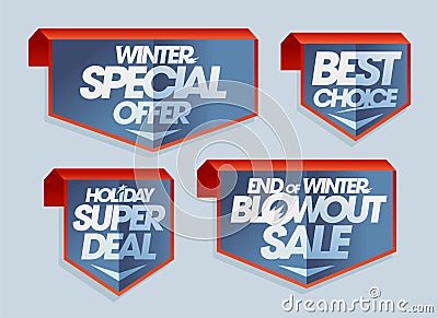 Winter special offer, best choice, holiday super deal, end of winter blowout sale - vector tags set Vector Illustration