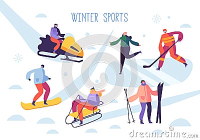 Winter Sport Activities with Characters. People Outdoor Skier, Snowboarder, Ice Skater, Hockey Vector Illustration