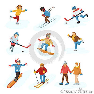 Winter sport activity people games cartoon boys and girls fun cold sportsmen wintertime happy illustration isolated Cartoon Illustration