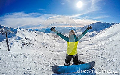 Happy snowboarding girl, Remarkables, New Zealand Stock Photo