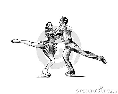 Winter sport Figure skating young couple skaters hand drawn sketch Vector Illustration