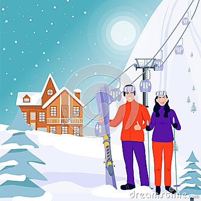 Ski resort banner illustration with wooden house, ski lift and happy couple with skis on snowy landscape. Vector Illustration